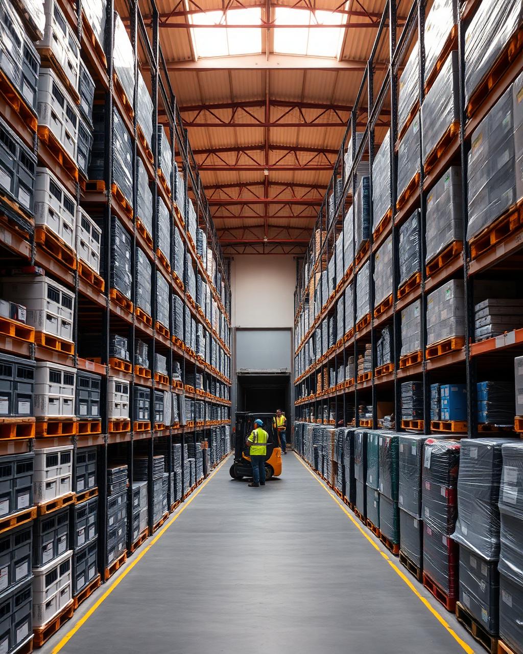 PvDistributorEU distribution warehouse — pallets of inverters, batteries and PV modules ready for dispatch
